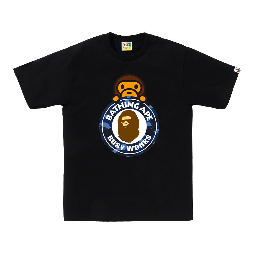 A Bathing Ape Camo Color Milo on Busy Works SS Tee - Black/Blue Camo