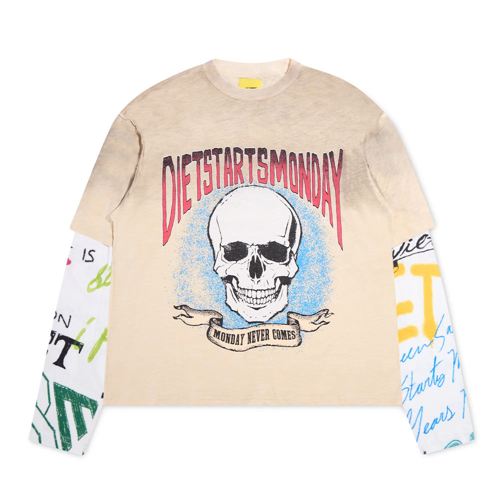 Diet Starts Monday Double Layer Skull LS Tee - Antique White